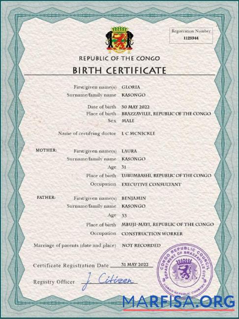 Downloadable Congo (Republic of the) vital record birth certificate PSD template